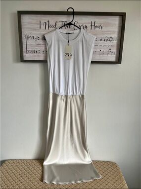 ZARA White Top with Cream Satin Maxi Skirt Dress